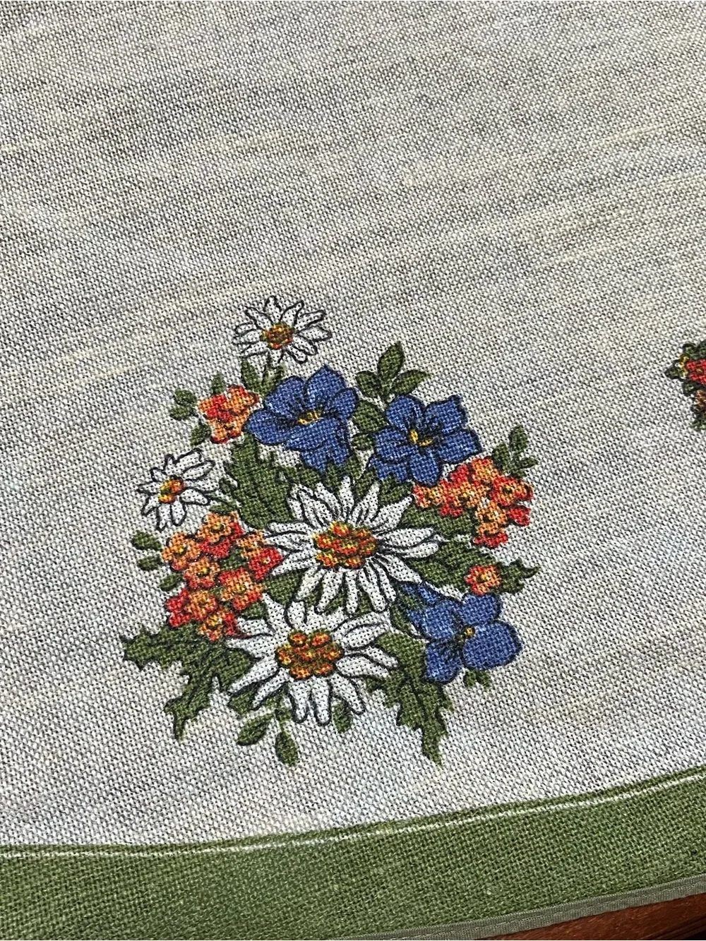 VTG West German 60” Round Table Cloth Green Folk Peasant Cottagecore Granny